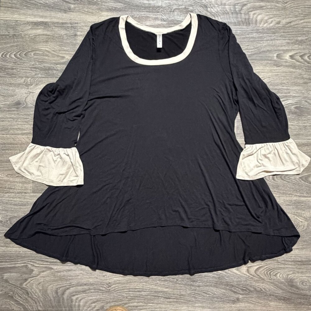 24seven 3X Scoop Tunic Top Comfort Apparel Black Neck Ruffle Sleeve High Low Hem